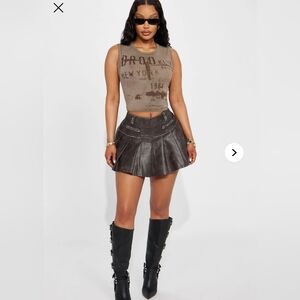 Fashion Nova Jessica XS Vintage Wash Faux Leather Pleated Schoolgirl Skirt Brown